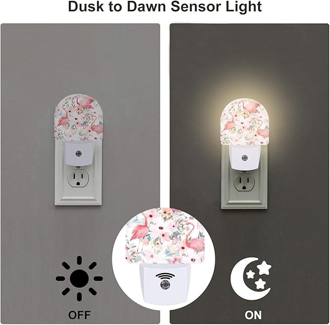 Pink Flamingos Flowers Night Light for Kids,Watercolor Tropical Floral Flamingo Night Light Plug in with Dusk to Dawn Sensor,0.5w Energy Saving Nightlight for Hallway Stairway Kitchen Bedroom