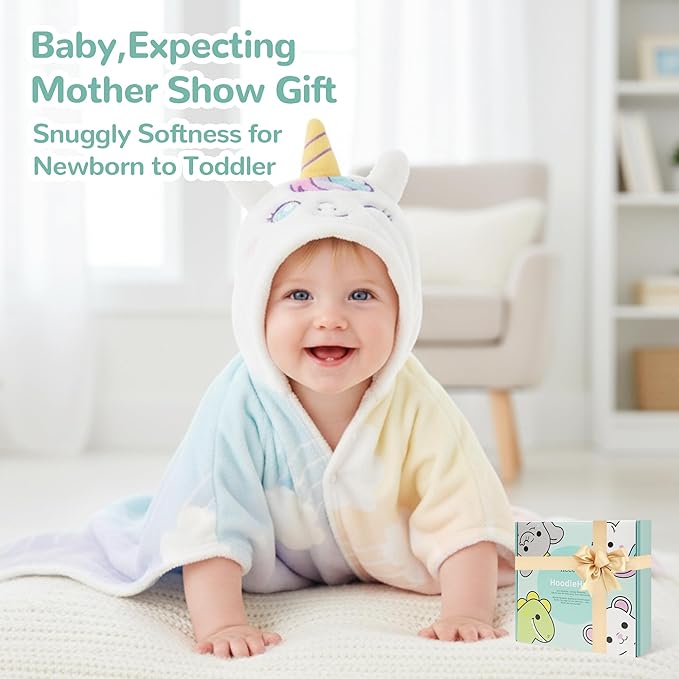 HECCEI HoodieHug Baby Towels, Premium Coral Fleece Bath Towel with Large Size-Ultra Absorbent for Baby Comfort- Great Gift for Newborn, Toddler and Kid (Unicorn + Elephant)