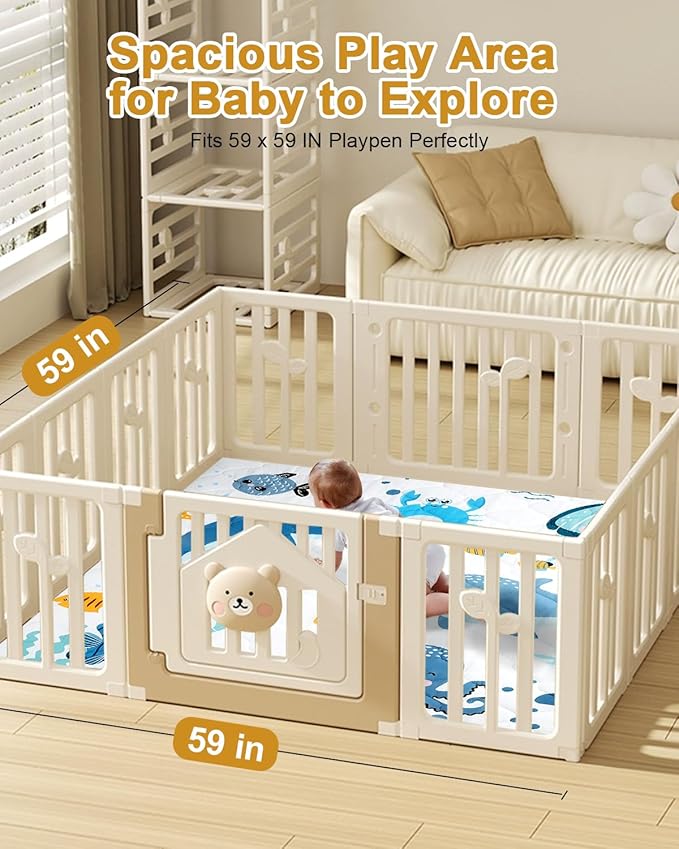 Premium Foam Baby Play Mat 59x59 – Removable & Machine Washable Cover, Extra Thick Padding Playpen Mat, Non-Slip Crawling Mat, Easy to Clean for Infants, Toddlers & Babies