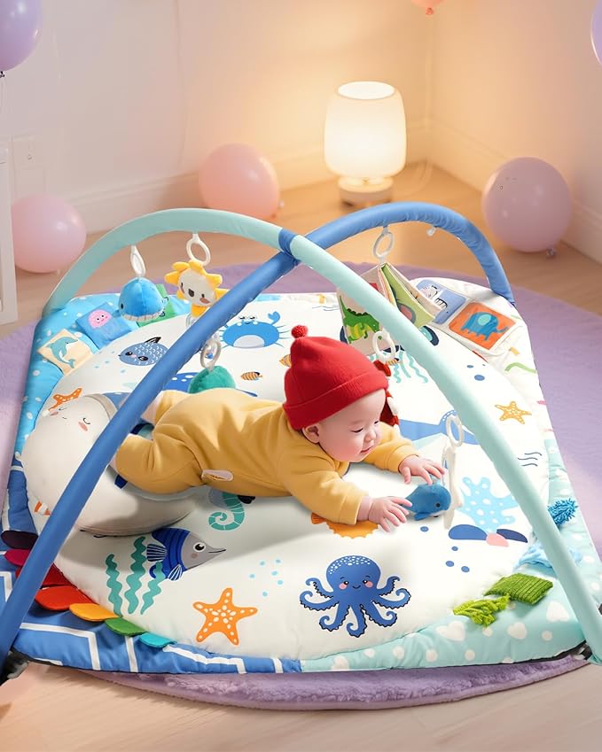 Baby Play Gym with 4 Developmental Zones – Tummy Time Mat & Activity Mat with 6 Sensory Toys, Visual Cards & Pillow – Baby Essentials & Ideal Gift for Newborns