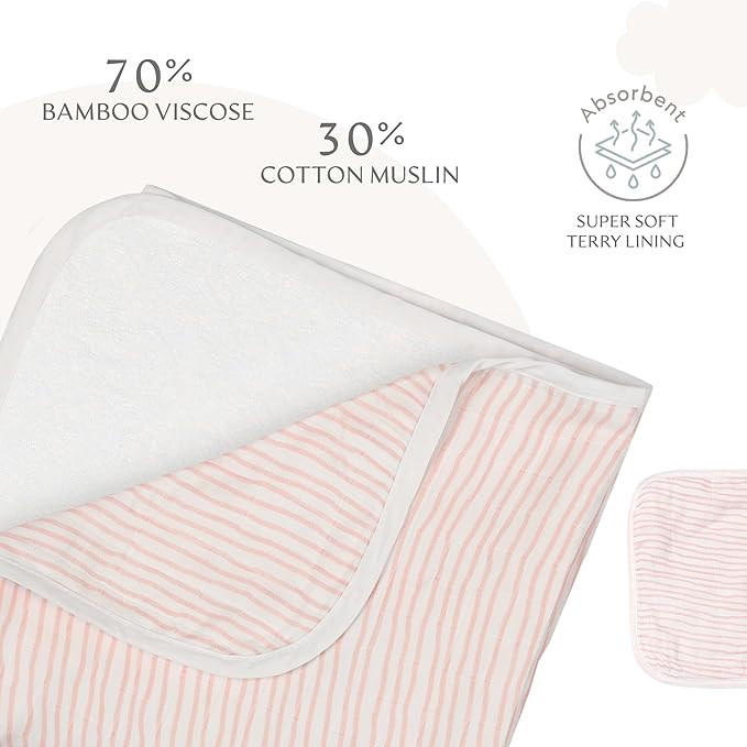 Bamboo Viscose Baby Hooded Towel & Washcloth Set for Babies and Toddlers, Soft & Absorbent, 70% Viscose from Bamboo, 30% Cotton Muslin - Imported (Pink)