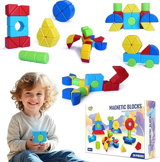 Assorted Shapes Magnetic Building Blocks, 1.65-Inch Large Magnetic Block Set for Toddlers Ages 4+, 24PCS Educational Construction Kit for Boys and Girls