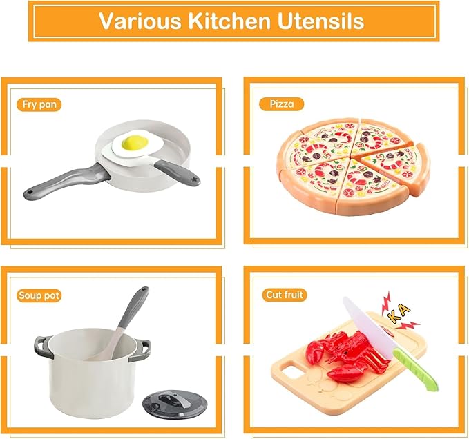 80Pcs Kitchen Playset, Toddler Pretend Cooking with Pots, Pans, Cookware, Food, Picnic Blanket, Fruits, Veges, Shopping Storage Basket, Dessert , Learning Gift for Girls Boys (White)