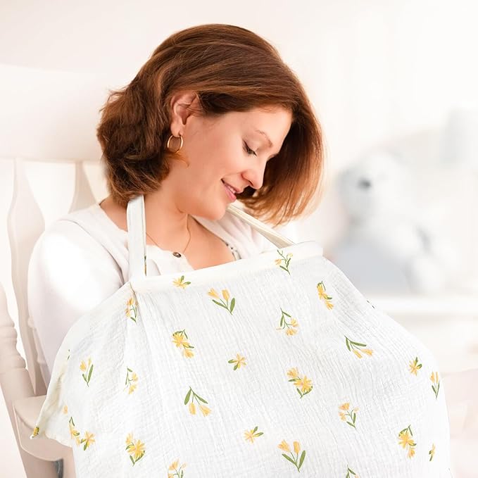 Muslin Nursing Cover for Breastfeeding, Privacy Breathable Breastfeeding Cover with Arch Neckline for Mom, 100% Cotton Nursing Apron, Floral and Light Green