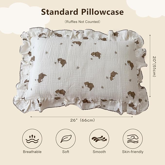 BuLuTu Cartoon Bear Muslin Pillowcase for Boys Girls Cute Animal Print Toddler Pillow Cases Soft Breathable Cotton Pillow Cover for Young Kids Bedding Nursery Decor,1 Piece, 20"x26"