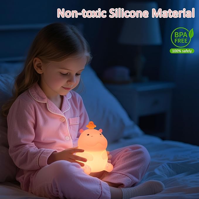 Ammonite Hippo Night Light, Cute Hippopotamus Lamp for Kids, Soft Silicone Nursery Nightlight LED Touch Light, Kids Bedroom Decor as Xmas Birthday Gifts