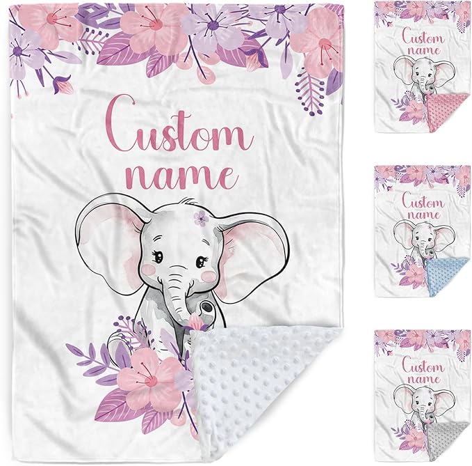 Custom Baby Blanket, Personalized Baby Blankets with Name for Infant Girl Boy, Flannel Double Layer Dotted Backing Receiving Swaddle Blanket, Purple Elephant Toddler Customized Gifts(60"x80")