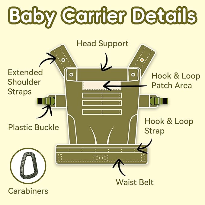 Baby Carrier, Lumbar Support Infant Carrier (0-36M, 8-33 lbs) with Foldable Headrest Carabiners for Big and Tall Parents, Men, Women (Green)