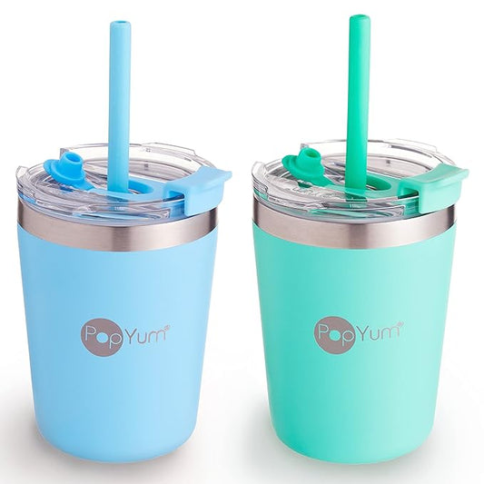 PopYum 9oz Insulated Stainless Steel Kids’ Cups with Lid and Straw, 2-Pack, Blue, Green, stackable, sippy, baby, child, toddler, tumbler, double wall, vacuum, leak proof