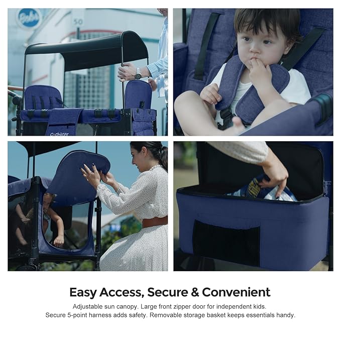 Elite 4-Seater Wagon Stroller for 2-4 Kids, One-Hand Fold, High Seats with 5 Point Harness, Adjustable Handle & Canopy, Blue
