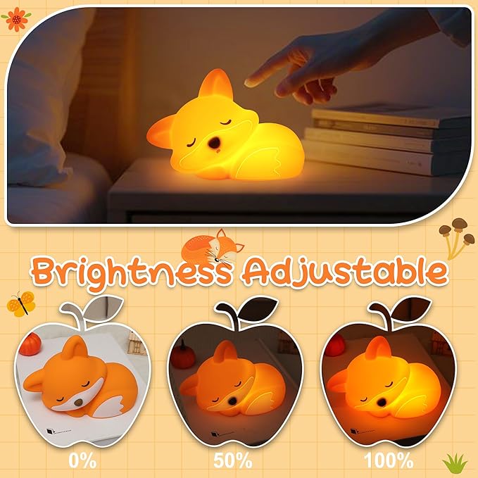 Fox Night Light for Kids, Cute Silicone Lamp with Rechargeable Dimmable 20 Mins Timer, Kids Bedside Decoration Light, Birthday Holiday Christmas Gifts Idea for Baby Girl Boy Friend
