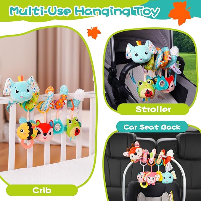 Koty Car Seat Toys, Cute Elephant Car Seat Toys for Babies 0-6 Months Boy, Stroller Toys with Crinkle, Teether, Music Box, Rattle, BB Squeaker for 0 3 6 9 12 Months Babies Infant Boys Girls Gifts