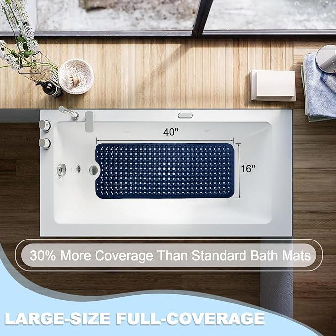 Linoows Bathtub and Shower Mats, 40x16 Inch Extra Large Non Slip Soft Bath Tub Mat with Suction Cups and Drain Holes for Bathroom Floor and Keep Tubs Clean, Machine Washable, Navy Blue