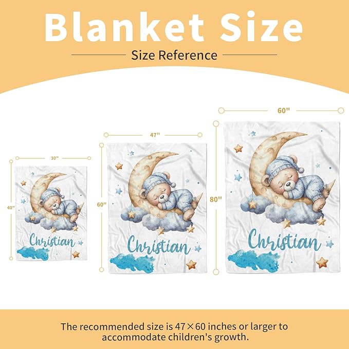 Customized Baby Blanket, Personalized Newborn Blankets with Name, Soft Receiving Blanket for Boys Girls, Blue Bear Double Layer Dotted Swaddle, Nursery Toddler Baby Shower Infant Gifts(60"x80")