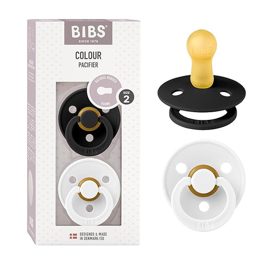 BIBS Pacifiers Colour Collection | Natural Rubber Baby Pacifier | Set of 2 BPA-Free Soothers | Made in Denmark | 6+ Months (Pack of 2) | Black/White