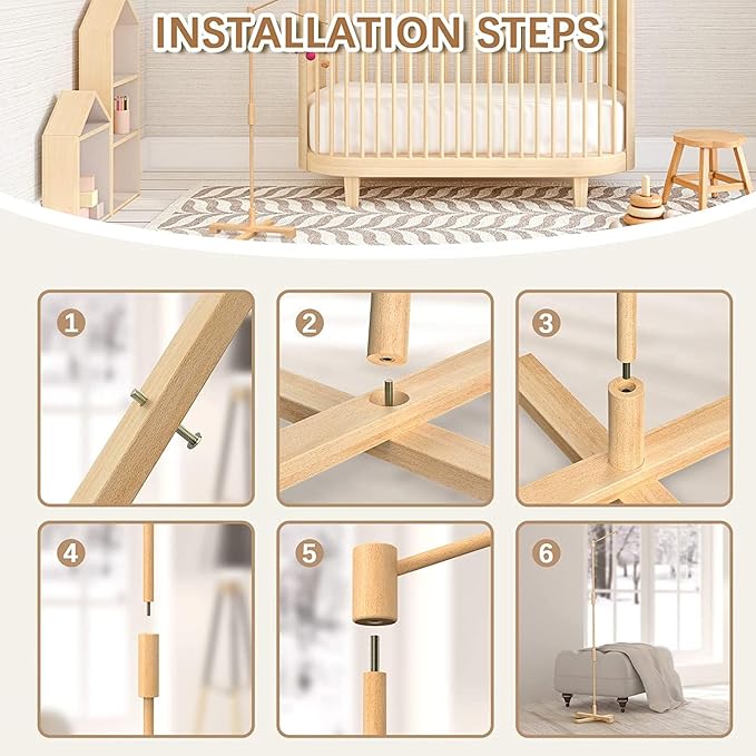 FEISIKE Baby Crib Mobile Arm, 57.4 Inch Mobile Arm for Crib Wooden Nursery Decor Hanger,Holder for DIY Mobile Baby Girl Boy,Hanging Attachment Set Upgrade Floor Stand