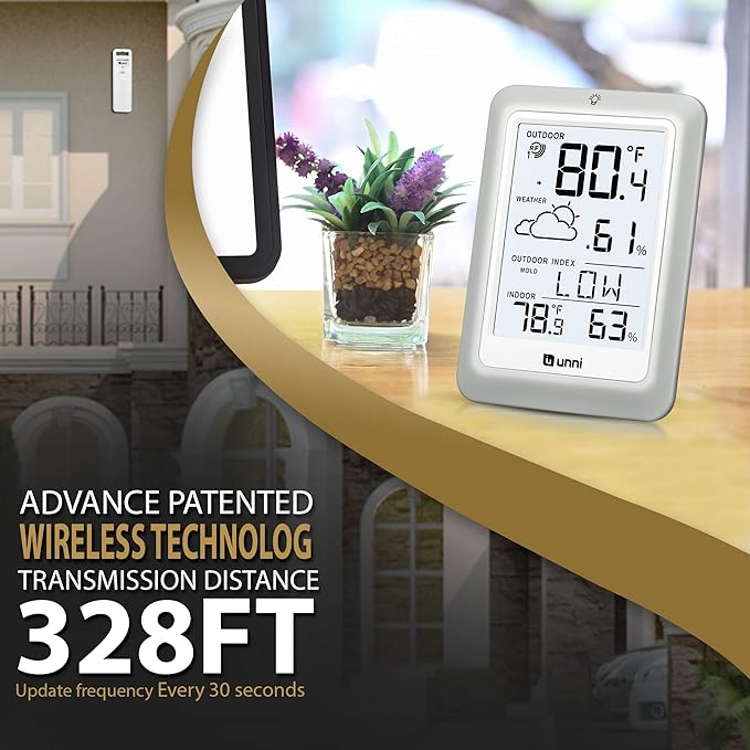 Indoor Outdoor Thermometer Hygrometer Wireless Weather Station, Temperature Humidity Monitor Battery Powered Inside Outside Thermometers with 330ft Range Remote Sensor and Backlight Display