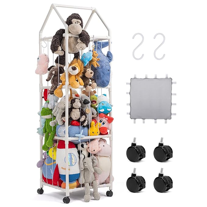Stuffed Animal Zoo Storage, Extra Large Stuffed Animal Holder with Dust Cloth and Universal Wheels, Toy Storage Organizer, Plush Storage Organizer Shelf for Birthday Gift, Nursery Play Room