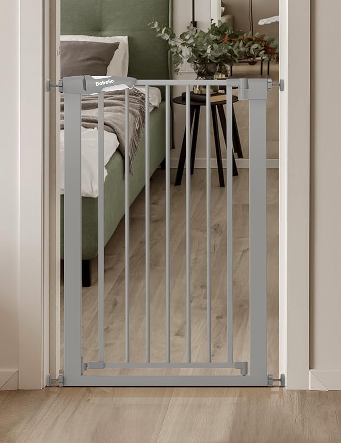 BABELIO 36" Tall Narrow Baby Gate, 26-28.5" Auto-Close Metal Dog Gate for Small Stairs/Doorways/Hallways, NO Drilling Pressure Mounted for Child and Pets, NO Extensions, Gray