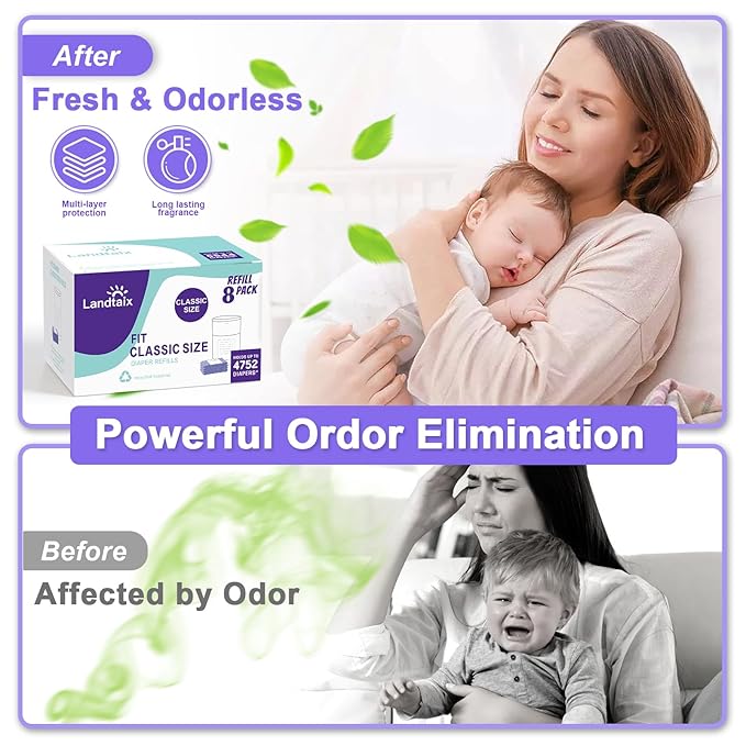 Refills Compatible with Dekor Classic Diaper Pail Refills | 8 Count for 4752 Diapers(Extra 20% Lengths) Diaper Pail Bags with Extra 30% Thickness Powerful Odor Eliminate Lavender Scent for Baby/Adult