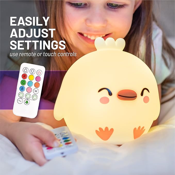 Lumipets Remote Control Silicone Night Light for Kids - Chick Design with 9 Soft Colors & Sleep Timer - Rechargeable, Battery-Operated Lamp for Bedroom | Baby Nursery, Toddler, Girls, Boys