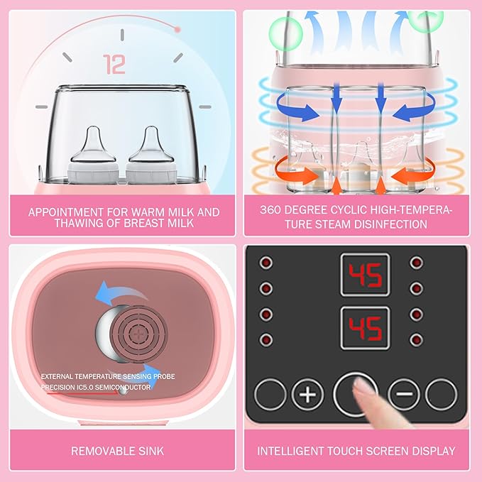 Baby Bottle Warmer ＆ Steriliser Temperature Adjustable Portable Bottle Warmer Remote Control Baby Food Heater with LCD Display for Breastmilk or Formula, Grey