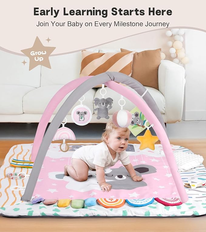 Baby Play Mat Activity Gym with Tummy Time Pillow, 6 Developmental Zones Tummy Time Mat, 6 Detachable Sensory Toys and Educational Cards, Essential Baby Shower Set, Pink Koala