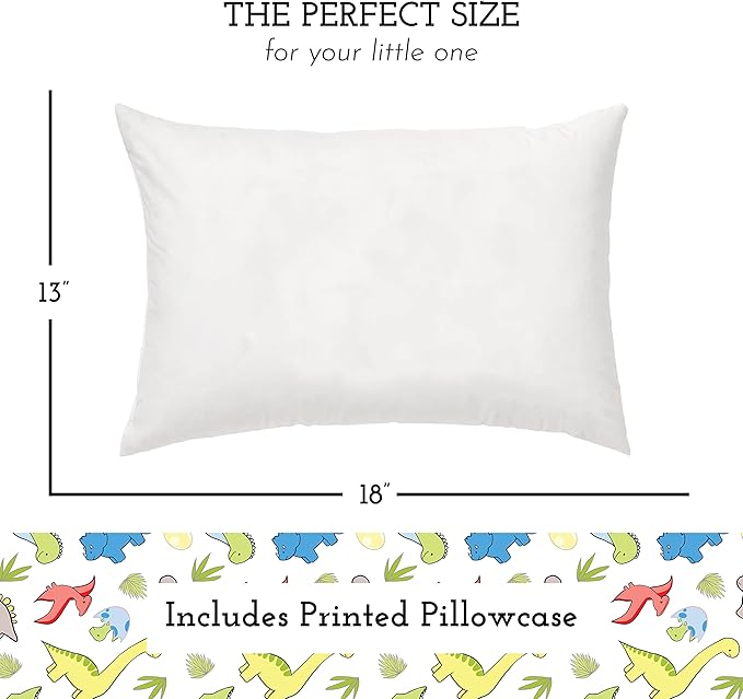 Little Sleepy Head Toddler Pillow with Pillowcase 13x18 - Kids Pillow for Sleeping - Better Neck Support Ergonomic Pillow and Toddler Pillowcase - Best Pillows for Kids (Dinosaurs White)