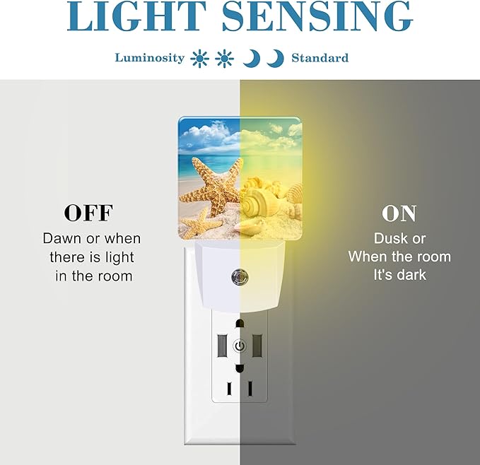 Night Light Plug into Wall Starfish Seashells On Beach Night Light with Dusk to Dawn Sensor Night Light for Kid Girls Boys Women Men Room Decor, Hallway, Kitchen, Bathroom, Nursery, Stairs