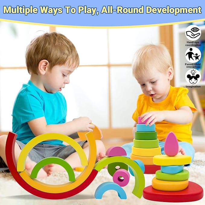 Montessori Wooden Rainbow Stacking Toys for Baby Grimms Wood Building Blocks Nesting Puzzle Toy Colorful Stacker Arch Game Sensory Educational Learning Toys for 3-5 5-8 Year Old Toddler