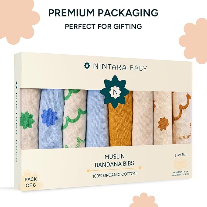 Bandana Bibs - 100% Organic Premium Muslin Cotton, 7-Layers for Drooling, Teething, Feeding