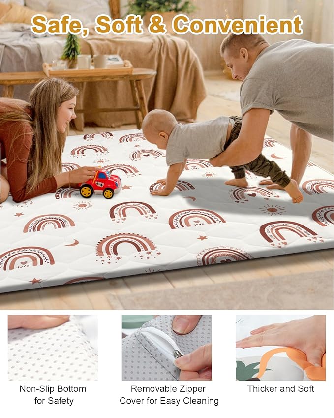 Premium Foam Baby Play Mat 50" x 50" with Removable Cover, Extra Thick Padding Playpen Mat, Non-Slip Floor Mat, Stylish & Easy to Clean for Crawling Baby, Infants & Toddlers, Rainbow