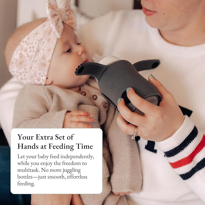 Baby Bottle Sleeve for Self-Feeding - Neoprene Baby Bottle Cover for Infants & Toddlers - BPA-Free, Adjustable Velcro Fit - for Ages 5 to 18 Months - Machine Washable (Pebble Grey)