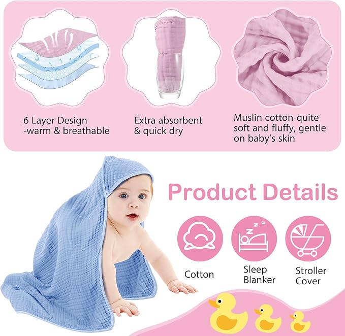 Peryiter 6 Pcs Muslin Hooded Baby Towels, 32"x 32" Cotton Newborn Bath Towel Muslin Infant Baby Blankets Absorbent Unisex Newborn Registry Gift Essentials for Girls Boys (Light Color Series)