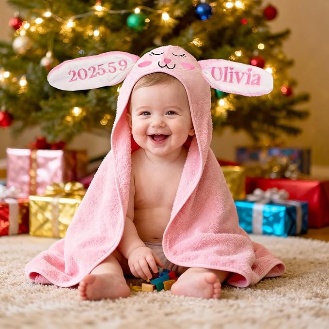 Custom Hooded Bath Towel with Name, Personalized Highly Absorbent Bunny Towels, Baby Bath Towels for Girls Boys, Brithday for Baby, Toddler, Newborn (Pink-Bunny)
