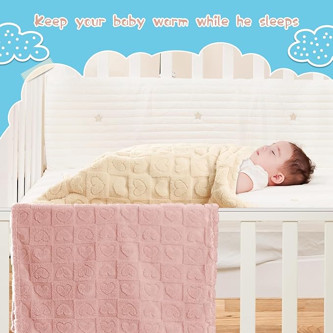 4 Pcs Baby Blankets,Fleece Heart Checkered Blanket, Cozy and Fluffy Crib Blankets for Girls, Toddler Receiving Blankets 30×40 Light Pink Sakura Pink White Grey
