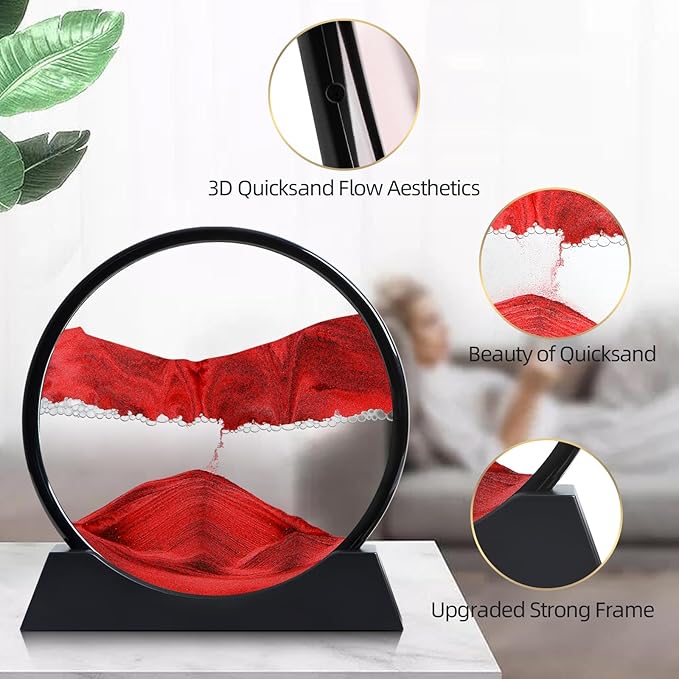 Moving Sand Art Liquid Motion, 3D Deep Sea Sandscape Color Quicksand Decor, Round Glass Moving Sand Art Picture Relaxing Desktop Home Office Work Decor (Red, 12 inch)