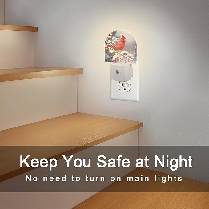 Winter Red Cardinal Bird Night Light for Kids,Christmas Pine Tree Snow Cardinal Night Light Plug in with Dusk to Dawn Sensor,0.5w Energy Saving Nightlight for Hallway Stairway Kitchen Bedroom