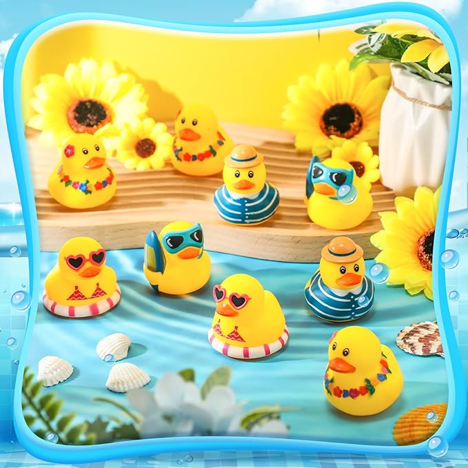 Honoson 48 Pcs Summer Beach Rubber Duckies Bulk Mini Rubber Duck Bath Toys Float Bathtub Ducky Cute Squeaky Ducky for Classroom Carnival Summer Birthday Baby Shower Party Favor