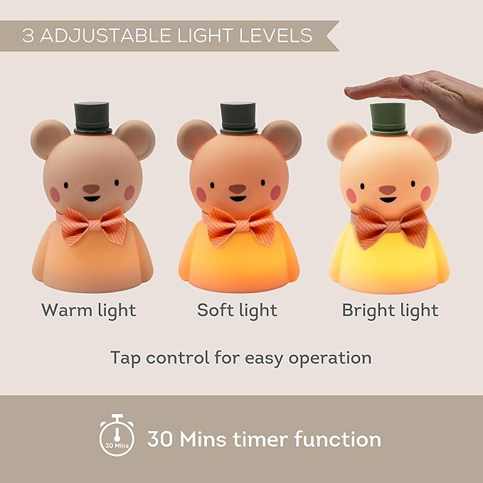 Taf Toys Silicone Kids Night Light Adjustable Brightness Levels & 30-Min Timer Tap Control 3-Level Dimmable Baby Night Lights for Nursery USB Rechargeable Nursing Lamp Bedroom Décor (Little Bear)