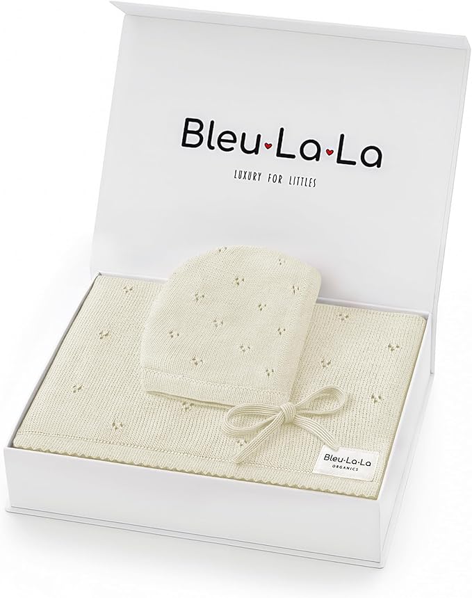 Organic Baby Blanket + Hat Gift Set - 100% Soft Luxury Cotton Unisex Receiving Swaddle Blanket + Bonnett Registry for Newborns & Infants (Butter Cream + Hat)