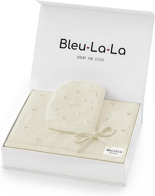 Organic Baby Blanket + Hat Gift Set - 100% Soft Luxury Cotton Unisex Receiving Swaddle Blanket + Bonnett Registry for Newborns & Infants (Butter Cream + Hat)
