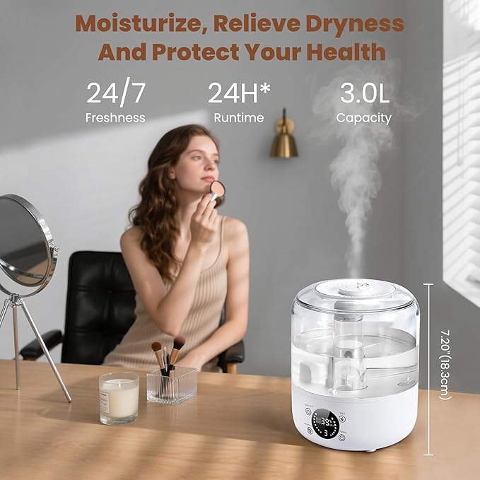 Humidifiers for Bedroom Baby, QWUE Top Fill 3L Humidifier Large Room, Easy to Fill & Clean, 28dB Quiet Cool Mist Air Humidifier for Plants, Home, Nursery, Allergy Relief, Auto Shut-off and BPA-Free
