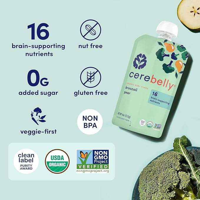 Cerebelly Organic Baby Food Pouches – Organic Broccoli Pear Pouch Protein, Healthy Fats, Non-Gmo Baby Food Meals 4 Ounce Bpa-Free Toddler Purees, 1 Count