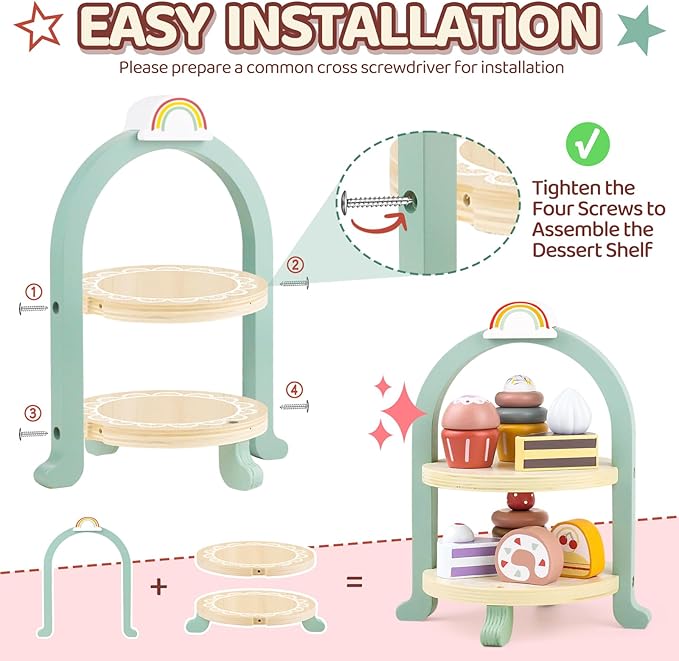 Wooden Cake Toys Tea Party Set, Desserts Food Toy with Cupcake Stand, Kids Pretend Play Kitchen Accessories, Wooden Play Food Set Toy Baking Gift for 3 4 5 Years Old Girls Boys