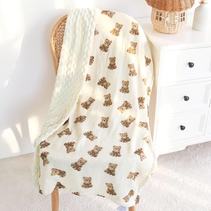LifeTree Baby Girl & Boy Blankets, Soft Double Layer Swaddle Blankets, Muslin Front and Dotted Fleece Backing Receiving Bed Throw Blanket for Newborn Unisex, 31X40 Inches, Bear Pattern