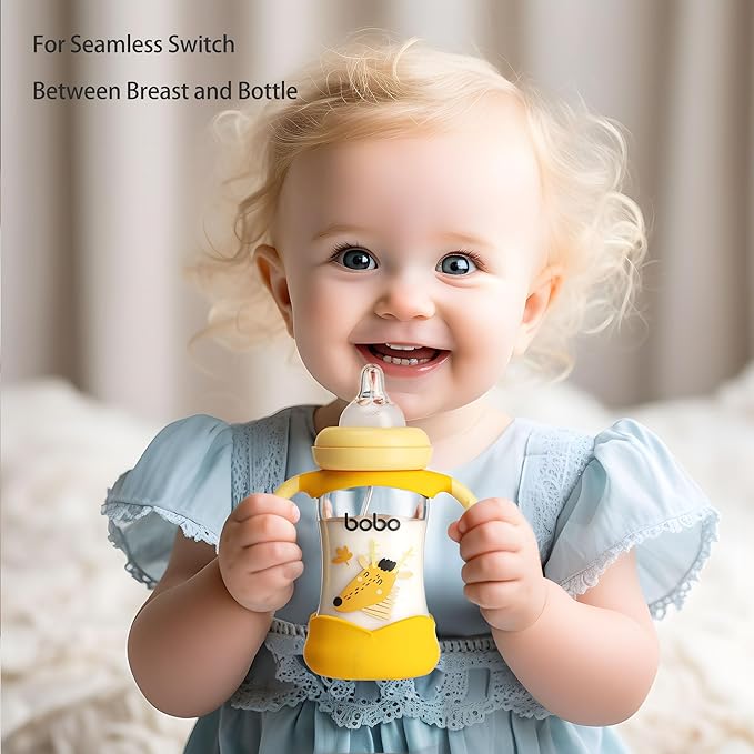 YOHKOH Natural Glass Baby Bottle with Natural Response Nipple, Wide Neck Baby Bottles with Handle, Newborn Anti-Colic Baby Bottles Gift Set, Clear (5.4oz (Pack of 4), Yellow)