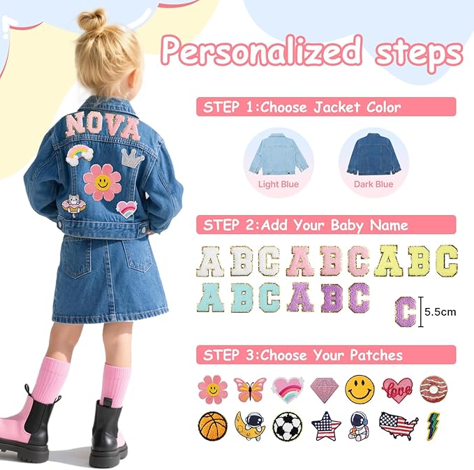 Personalized Jean Jacket for Kids with Name Patches - Custom Toddler Girls Boys Denim Jacket - Spring Fall Clothes - Birthday Christmas Gifts for Children 1-8
