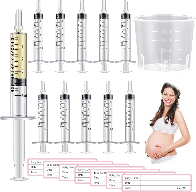 Trelaco Colostrum Collector Kit Include Sterile Sealed Breast Milk Syringes with Caps No Needle Colostrum Syringes Stickers 1 Measuring Cup Harvesting Collection for Breastmilk(100 Sets,5 ml)
