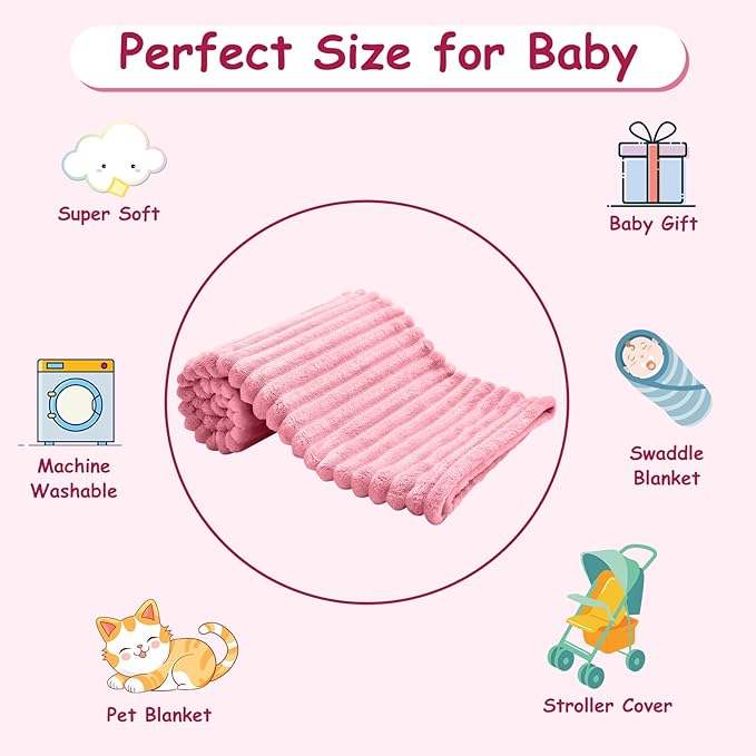 Soft Fleece Baby Blanket Ultra Cozy Pink Baby Blankets for Girls Warm and Lightweight Infant Toddler Newborn Receiving Gift with Reversible Stripes for Crib Stroller, 30x40 Inch, Dark Pink